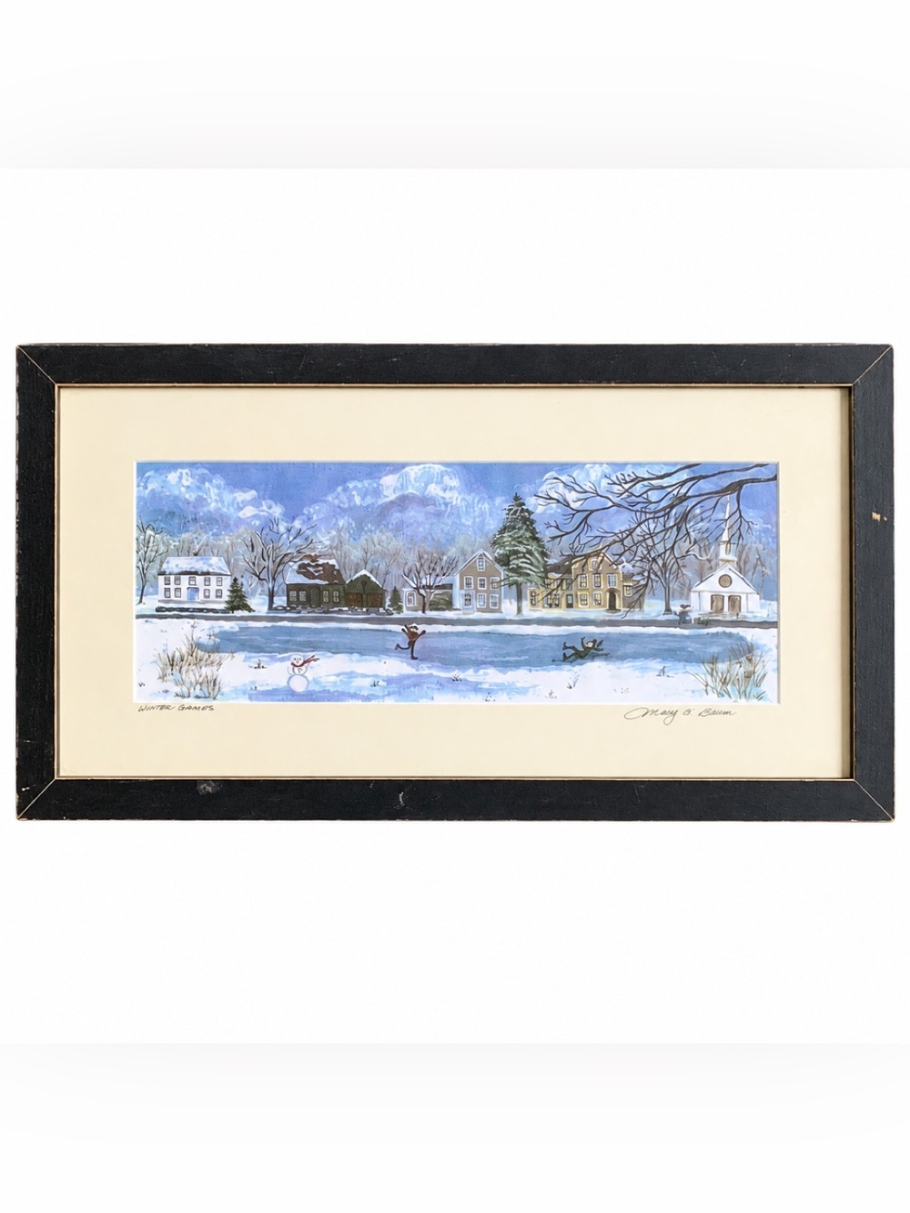 Framed Winter Scene Mary G. Baum Signed Original Print Skating Sledding
